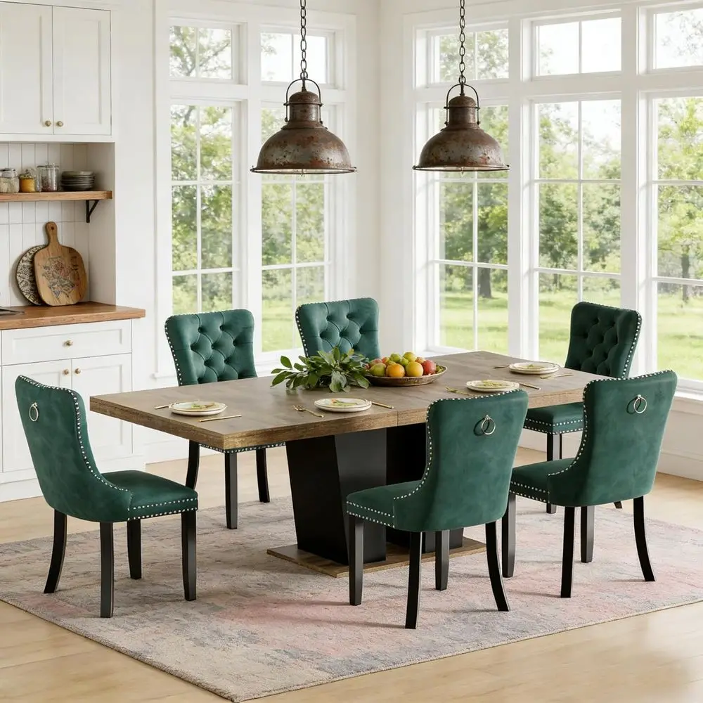 

Expandable Wooden Dining Table Set for 6 with Green Velvet Chairs, 78.74 Kitchen Table for Dining Room