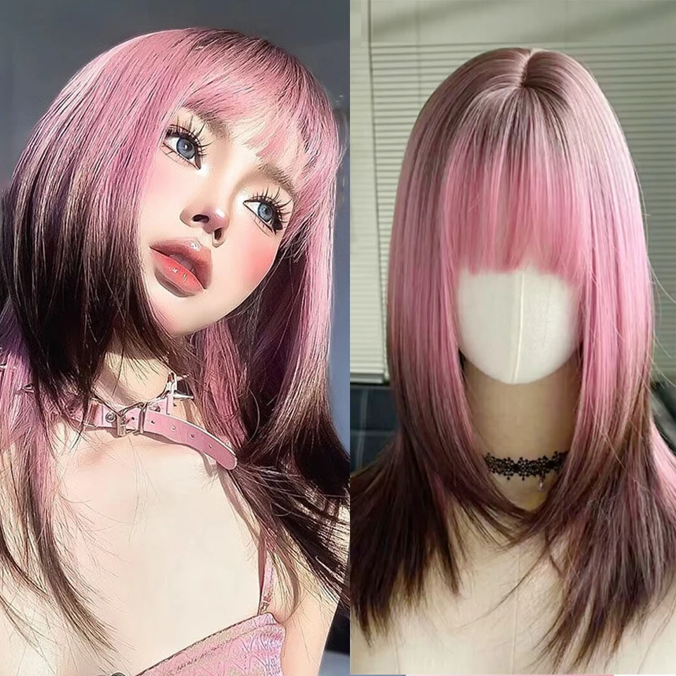 

Black Gradient Pink Brown Wig for Women Synthetic Long Straight Ombre Cosplay Layered Natural Fake Hair with Bangs for Daily Use