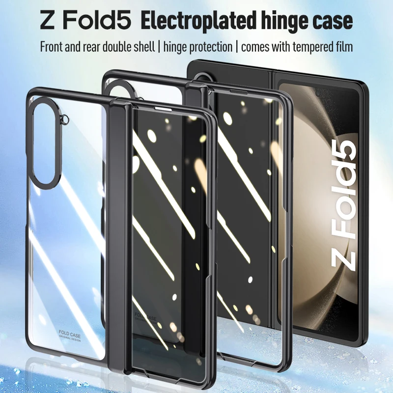 For Samsung Galaxy Z Fold 5 Case Electroplated Transparent With Tempered Film Folding Hinge Shockproof Protective Hard Cover