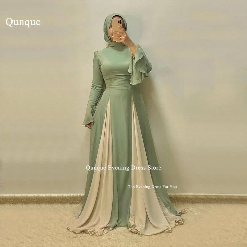 

Qunque Mecca High Neck Chiffon Long Sleeves Evening Dresses Elegant Floor Length Celebrity Gowns Vestidos De Noite Customized