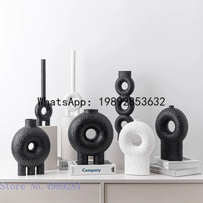Ceramic Vase Geometry Circle Black and White Texture Abstract Floral Handicraft Ornaments Modern Home Decoration Flower Vase