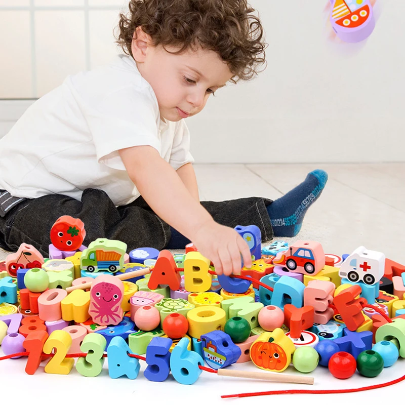 9-36 stücke Baby Holz Spielzeug Cartoon Obst Tier Bespannen Threading Holz Perlen Spielzeug Montessori Pädagogisches Spielzeug Für Kinder – Detail 1