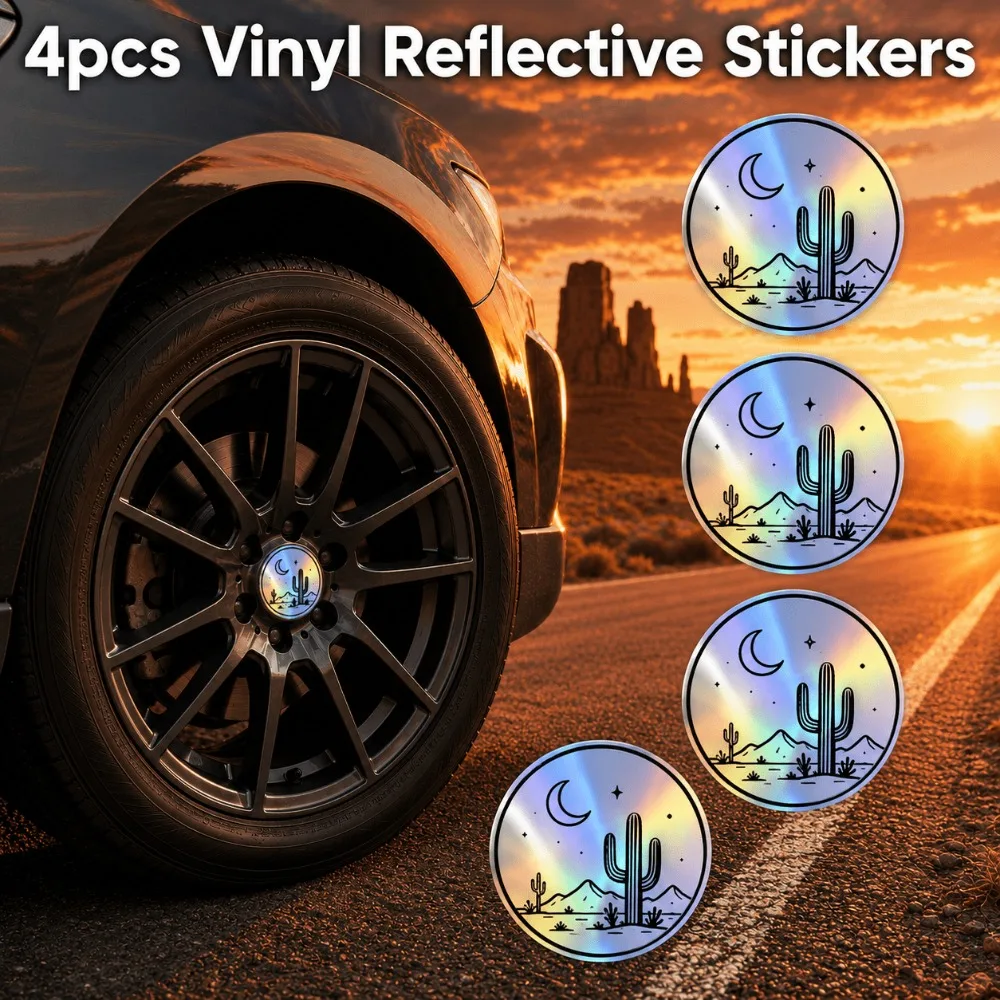 4PC Reflective Desert Cactus Moon Hubcap Stickers,Holographic Waterproof Vinyl Decals for Car SUV Truck Off‑Road Wheel