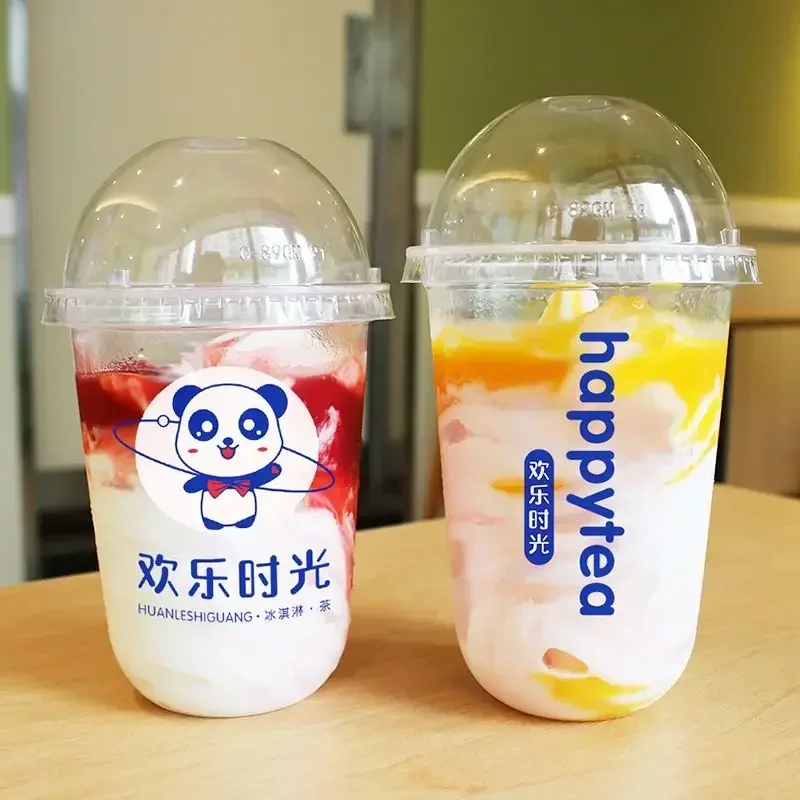 100pcs Disposable 90mm Caliber U-shaped Cup Thickened Milk Tea Coffee Packaging Cups Panda Cute Cartoon Plastic Mug with Lid