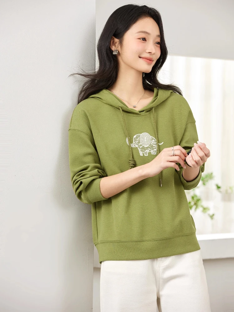 VIMLY Green Hoodies Woman Autumn 2025 Casual Elephant Funny Embroider Loose Ribbed Cuffs Female Sweatshirts Clothes Woman A2001