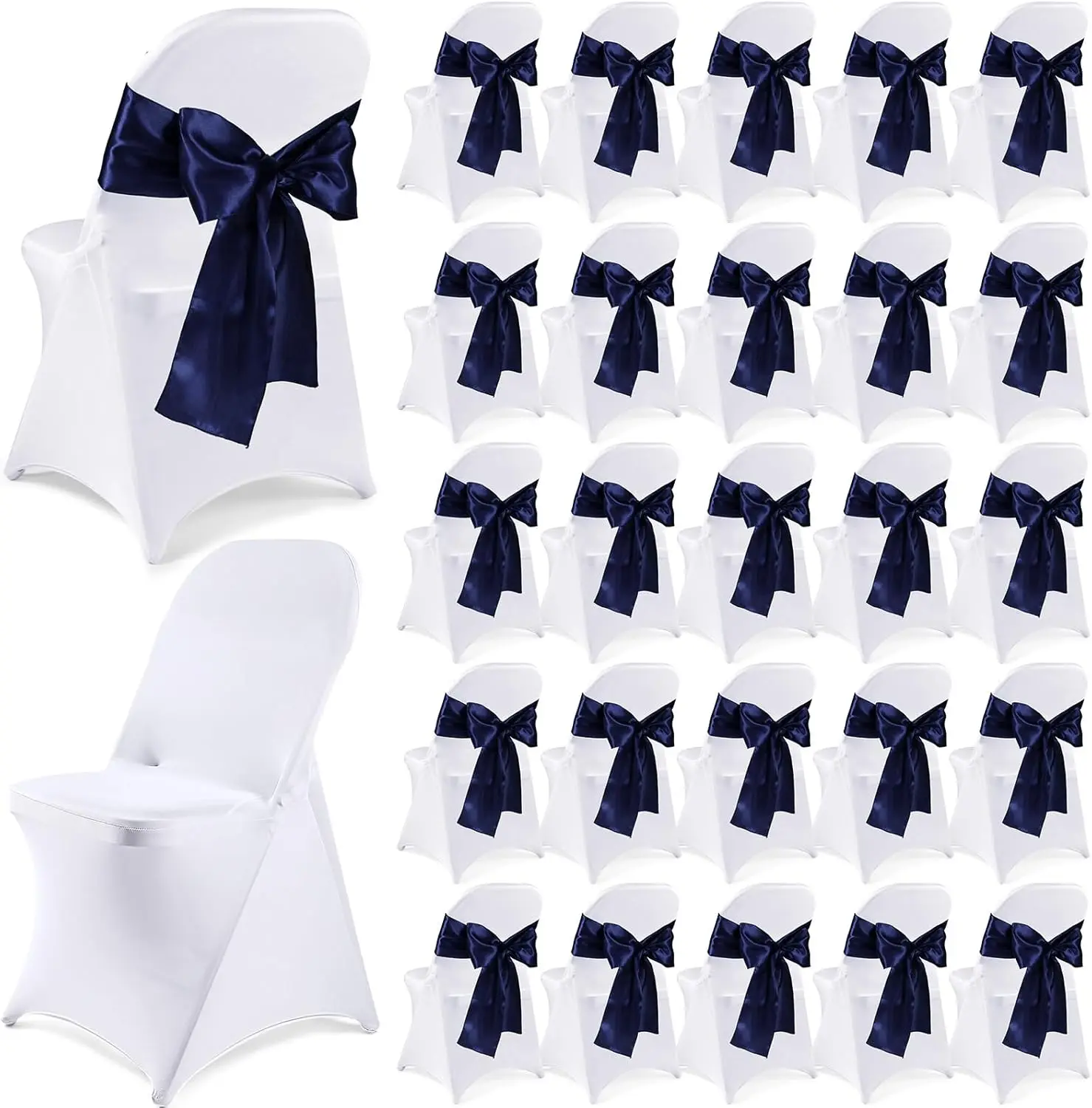 

MOSHOU 50 Pcs Folding Chair Cover Set with 25 Satin Sashes Chair Ribbon Washable Banquet Chair Protector for Wedding