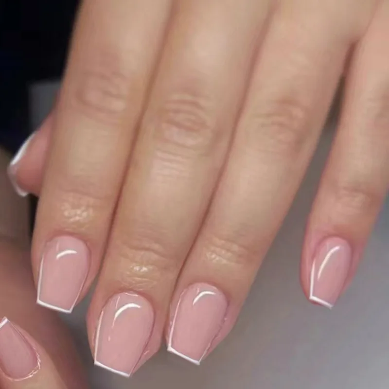 Press On Nails White French Square Set Reusable False Nail Tips_voghion.com