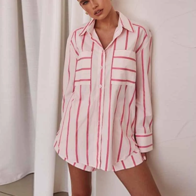 Women 2 Piece Outfits Striped Print Long Sleeve Button Down Shirt + Shorts Set Loungewear Elegant Lady Spring Matching Suit