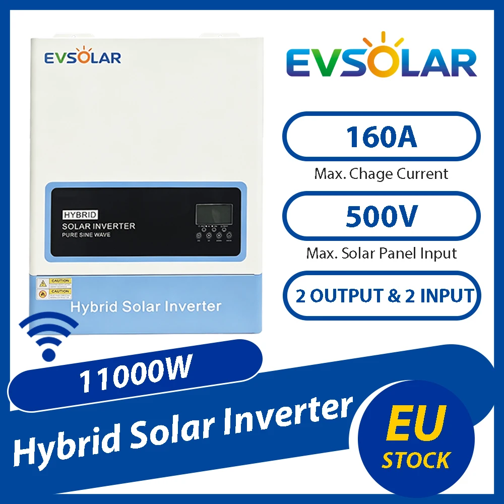 EVSOLAR 11KW Hybrid Solar Inverter On/Off Grid Dual Output Dual Input 48V to 230V Can NO Battery With WiFi 160A MPPT 500V PV
