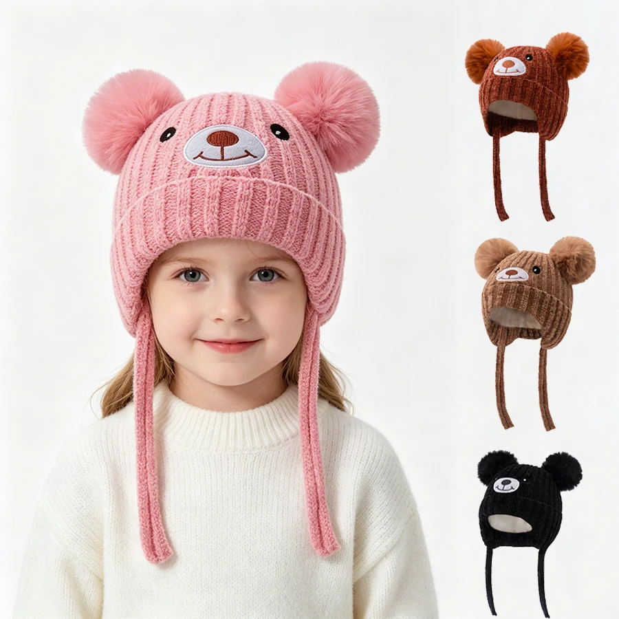 1-3 years old double-ear teddy bear embroidered and padded hat. Double ball embroidery design. Padded for warmth.