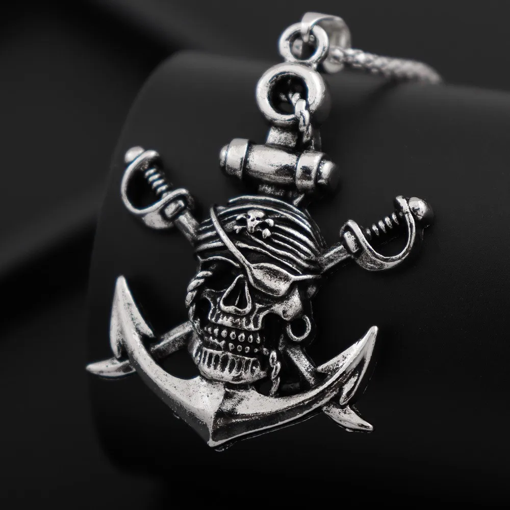 Vintage Double Sword Pirate Titanium Steel Men\'s Pendant Necklace Retro Halloween Skull Ghost Head Anchor Necklace Accessories