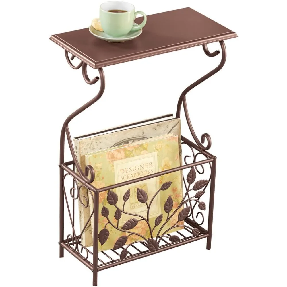 Magazine rack, Scroll Leaves Iron and Wood Magazine Holder Side Table, Bronze Colored Finish, Iron base with wood tabletop