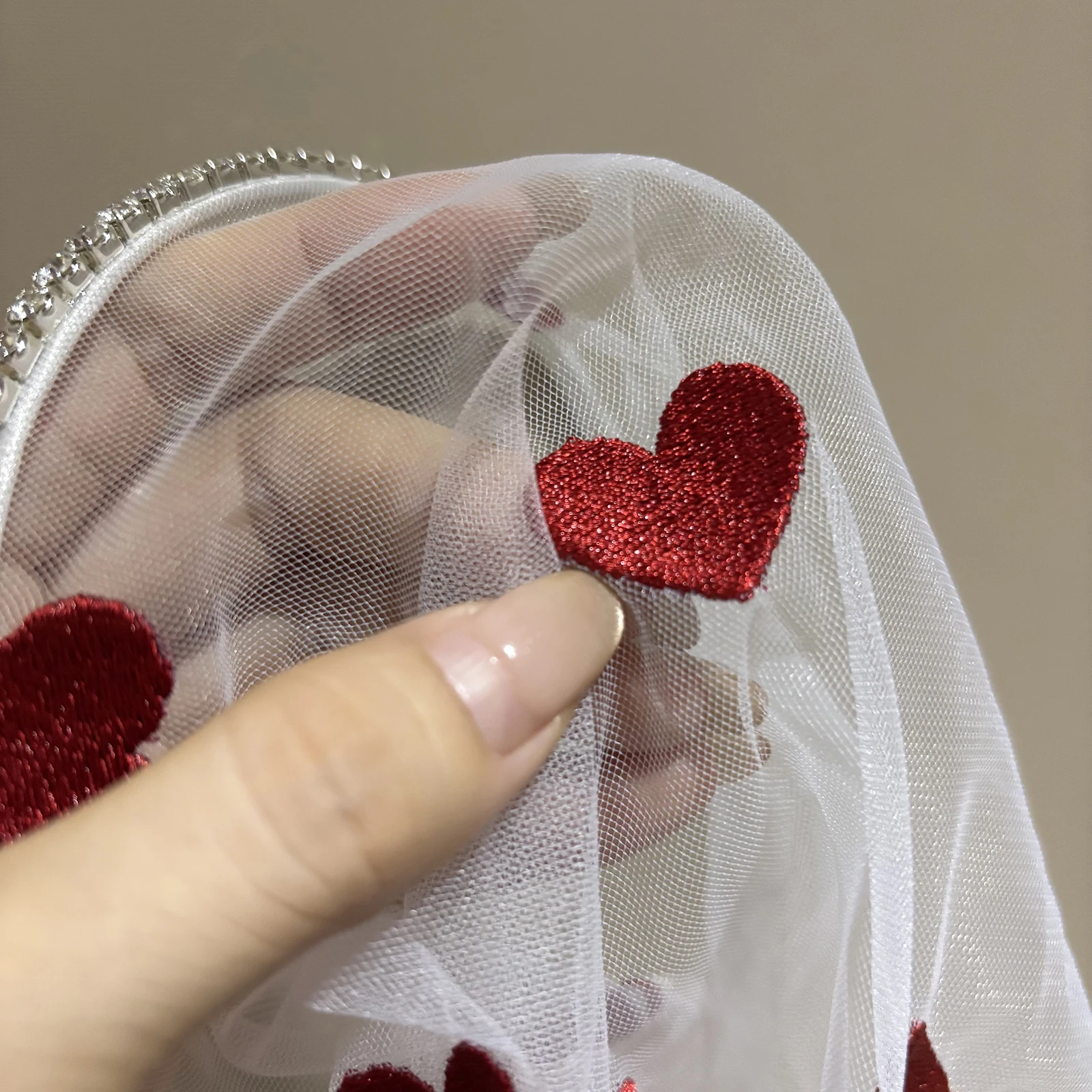 Short Red Heart Veil Headband, Wrapping Tulle Headpiece, Bridesmaid Accessory for Valentine's Day and Bachelorette Party SA264 view 4
