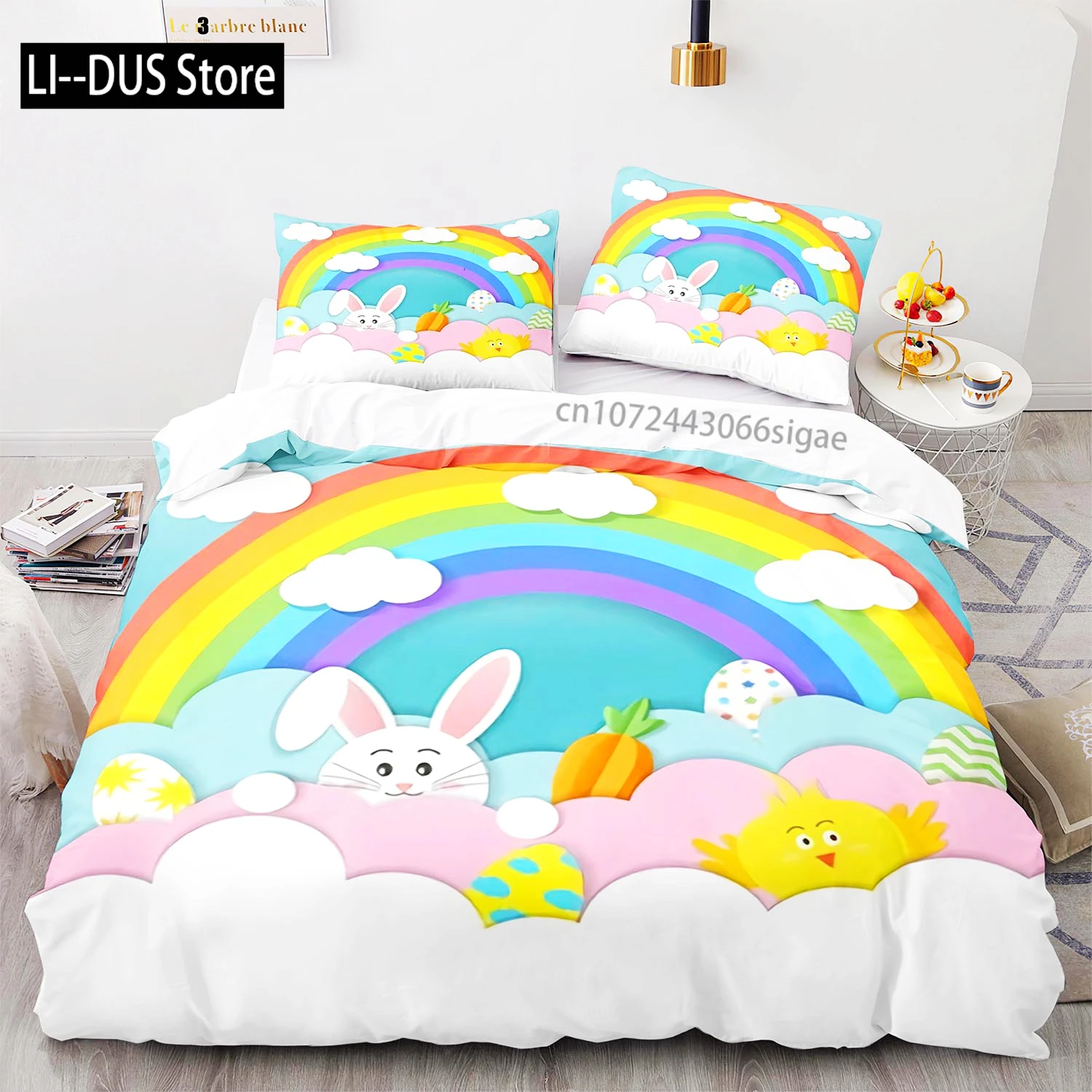 

Rainbow Bedding Set Single Twin Full Queen King Size Cute bunny Bed Set Aldult Kid Bedroom Duvetcover Sets 3D Anime 019