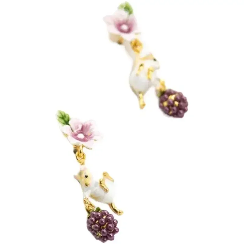2026 Hand Drawn Fairy Tale Enamel Cute Hamster Pearl Blackberry Flower Earrings for Women