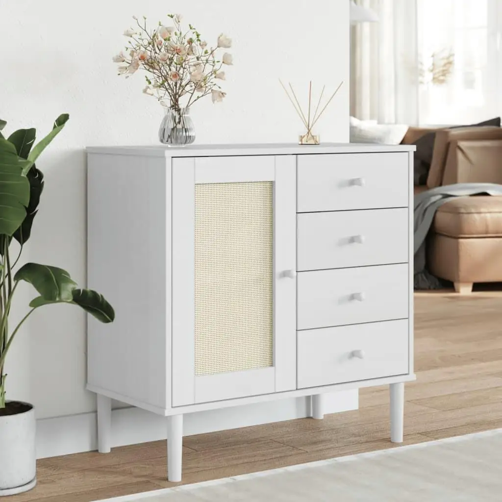 White Rattan Look Sideboard SENJA – Solid Pine, 31.5x15.7x31.5 inches, Stylish Storage Solution