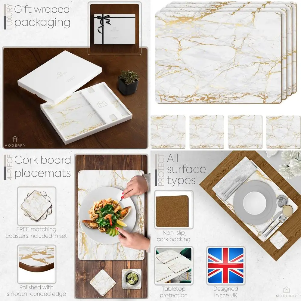 

Heat Resistant Cork Placemats Set of 4 with Marble Pattern, 16x12 Inches, Gold-Oiled Backing