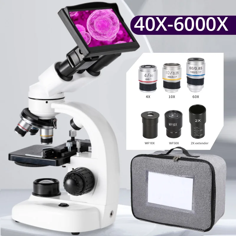 Zoom 40x6000x Microscópio Biológico Binocular hd Microscópio Estudante de Laboratório com Luz Led Polegadas Sreen e Wf10x 50x Ocular