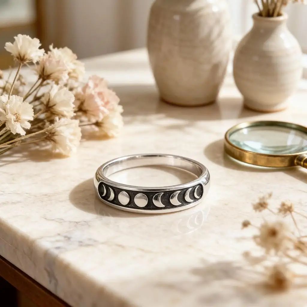 Vintage 925 Sterling Silver Moon Phase Change Finger Rings for Women Girls Wedding Engagement Party Jewelry Gifts Accessory