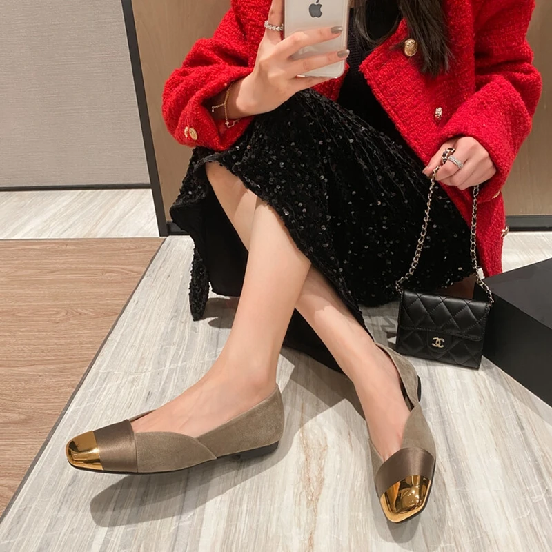 

Women's new leather sheep suede metal square toe low heel fashionable single shoe for walking and leisure