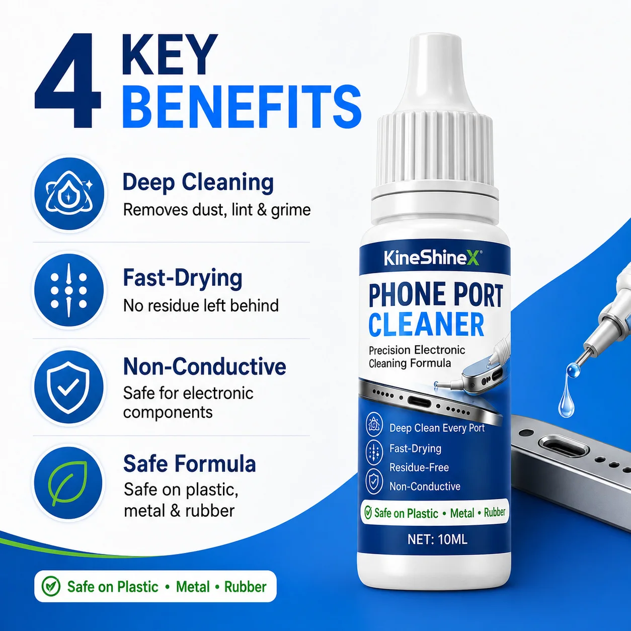 Phone Port Cleaner–Precision Electronic Cleaning Formula,Residue-Free,Non-Conductive for Charging Ports,Speaker & Mic Holes,10ml