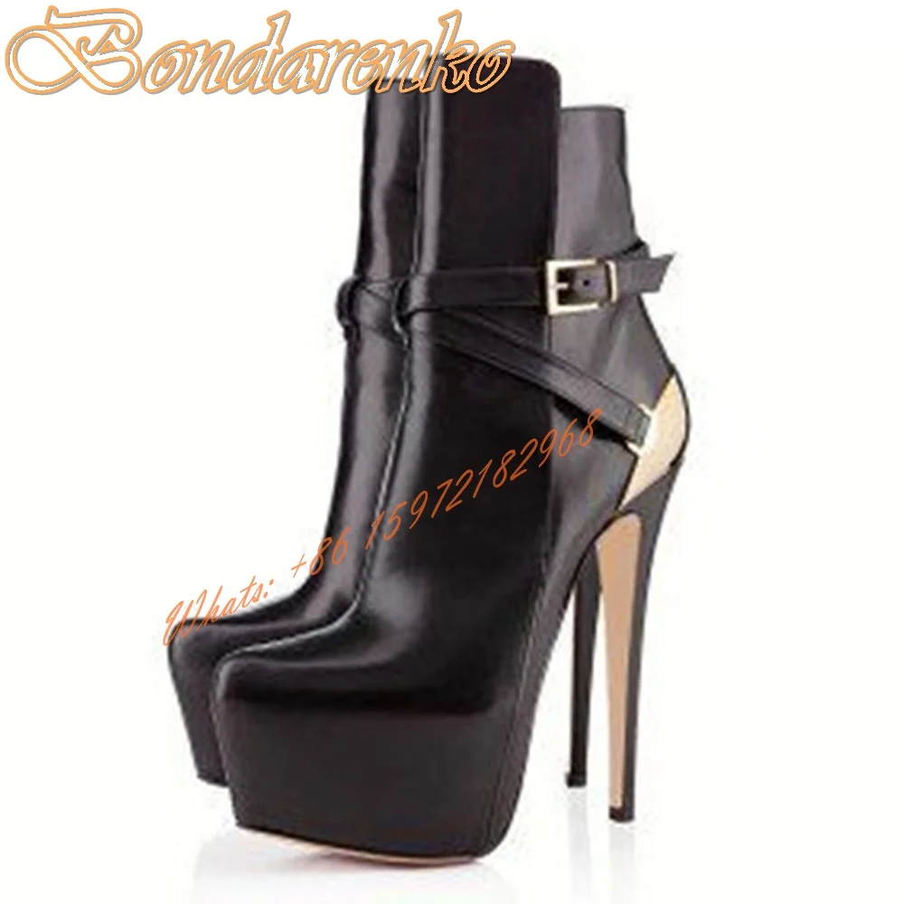 

Metal Super High Heels Ankle Boots Round Toe Platform Solid Leather Buckles Strap Boots Women Designer Shoes Winter Party Dress