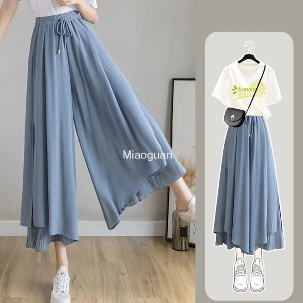 

Women's Pants Culottes Elastic Wide Leg Irregular Hem Double Layers Korean Trousers Summer Casual Loose Pleated Pants Breathable