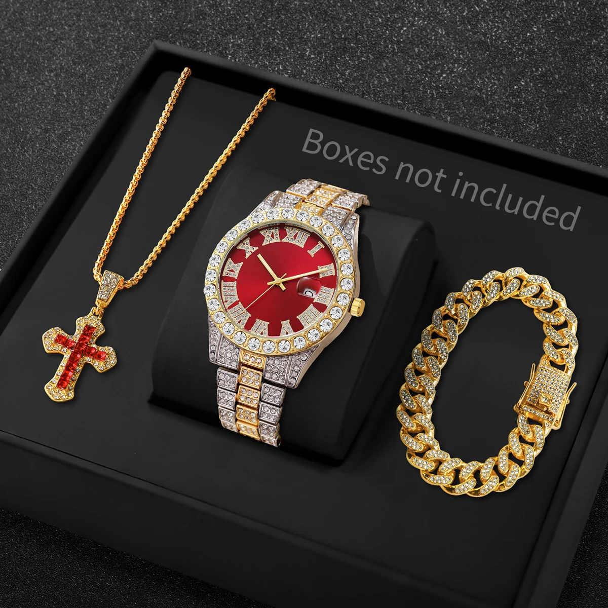 Men Iced Watch Set Red Crystal Cross Necklace Diamond Cuban Bracelet