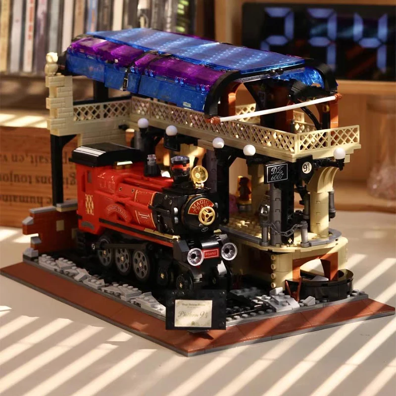 Lezi 6007 estação ferroviária mágica, trens expresso, trilhos, locomotiva a vapor, modelo de arquitetura, mini blocos de tijolos, brinquedo de construção, sem caixa