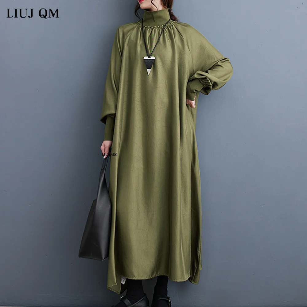 

Fashion Long High Collar Dress Elegant Casual Pleating Robe Vestido Women's 2024 AutumnColthing Large Size Long sleeved Dresses