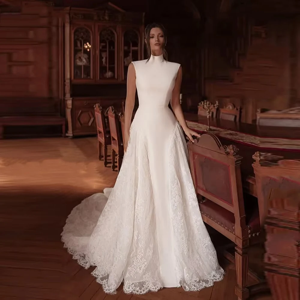 Женские свадебные платья трапециевидной формы с высоким воротом 2025, элегантные тюлевые платья невесты без рукавов, платья принцессы для банкета, Vestidos De Novias по индивидуальному заказу