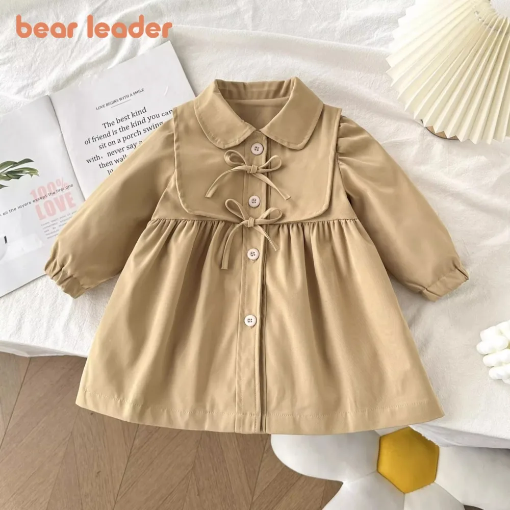 

Bear Leader Autumn Girls' Khaki Windbreaker Jacket Korean Version Bow Long Sleeved Jacket Fashion Solid Color Children's Wear