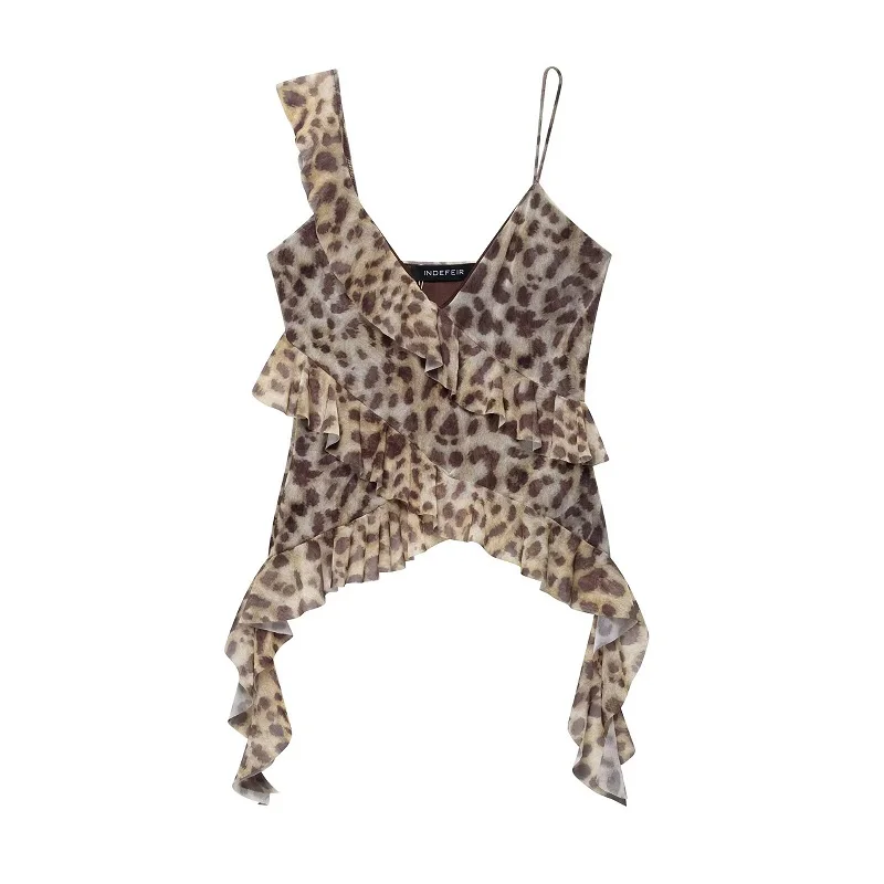 MUJER Leopard Print Ruffle Top Women Sexy Backless Tulle Tops for Woman Camisole Sleeveless Tops Women Summer Beach Women's Tops