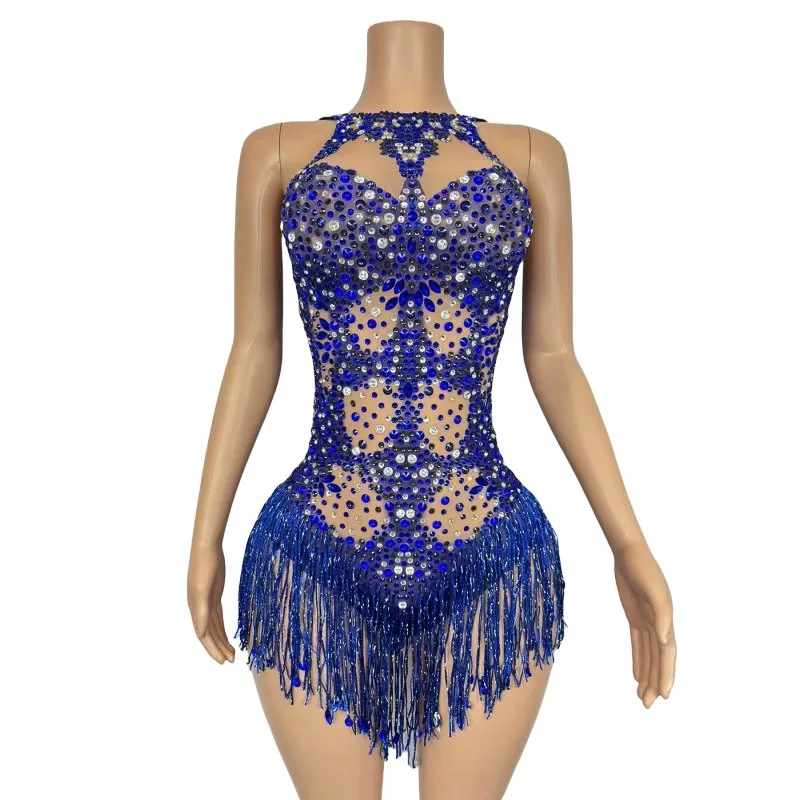 

Blue Rhinestones Fringe Bodysuit Women Sexy Gogo Dance Costume Bar Nightclub Show Stage Wear Crystal Tassel Leotard Rave Outfits