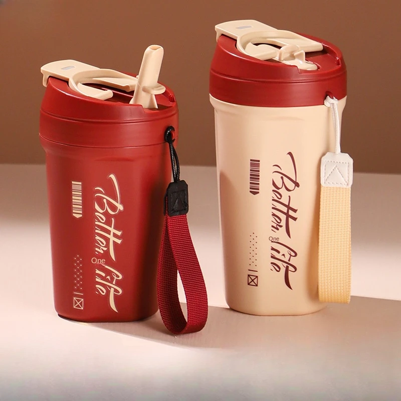 Good-looking 304 Stainless Steel Traveling Mug Straw Cup with Rope Handle Portable Coffee Cup Cola Thermos Cup