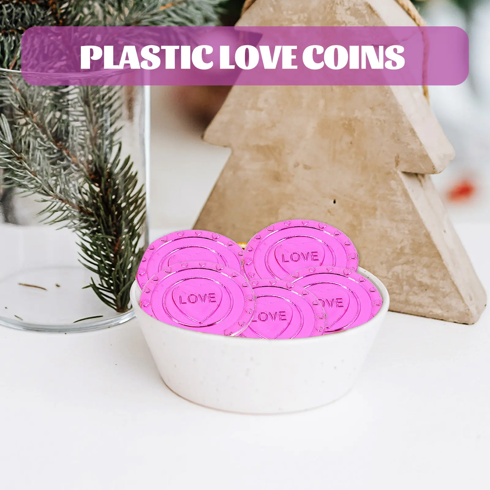 100Pcs Plastic Love Coins Romantic Design for Valentines Party Decorations Wedding Centerpieces Pirate Treasure