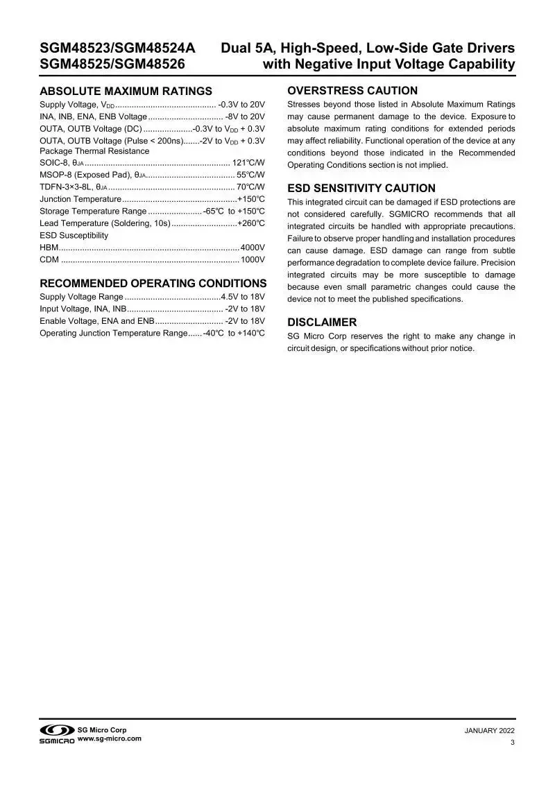 10Pcs/Lot SGM48523XTDB8G/TR TDFN-8,Dual 5A,High-Speed,Low-Side Gate Drivers with Negative Input Voltage Capability,electronics