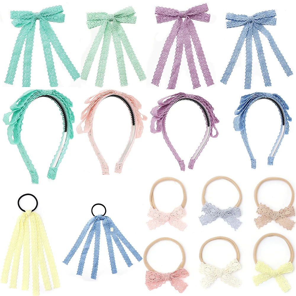 Cotton Lace Floral Knitted Ribbon headband Colorful Elegant  Hairbow  Hair Accessories Elegant Hair Scruchy hairband bow clip
