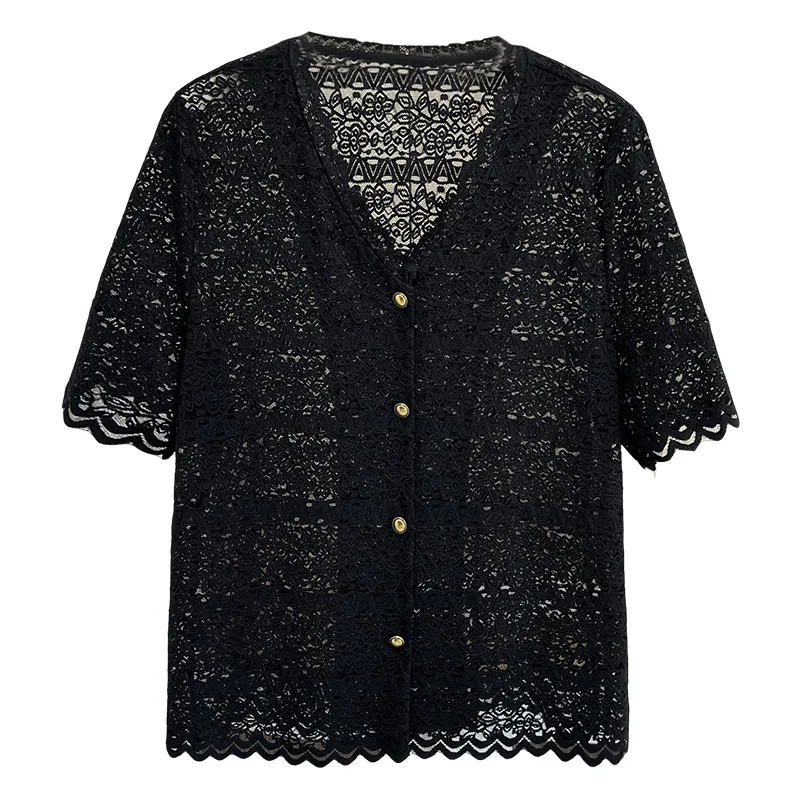 

100KG Summer Blouses New Stylish And Elegant V-neck Lace Short Sleeved Plus Size Women's air-conditioned Shirt 2510