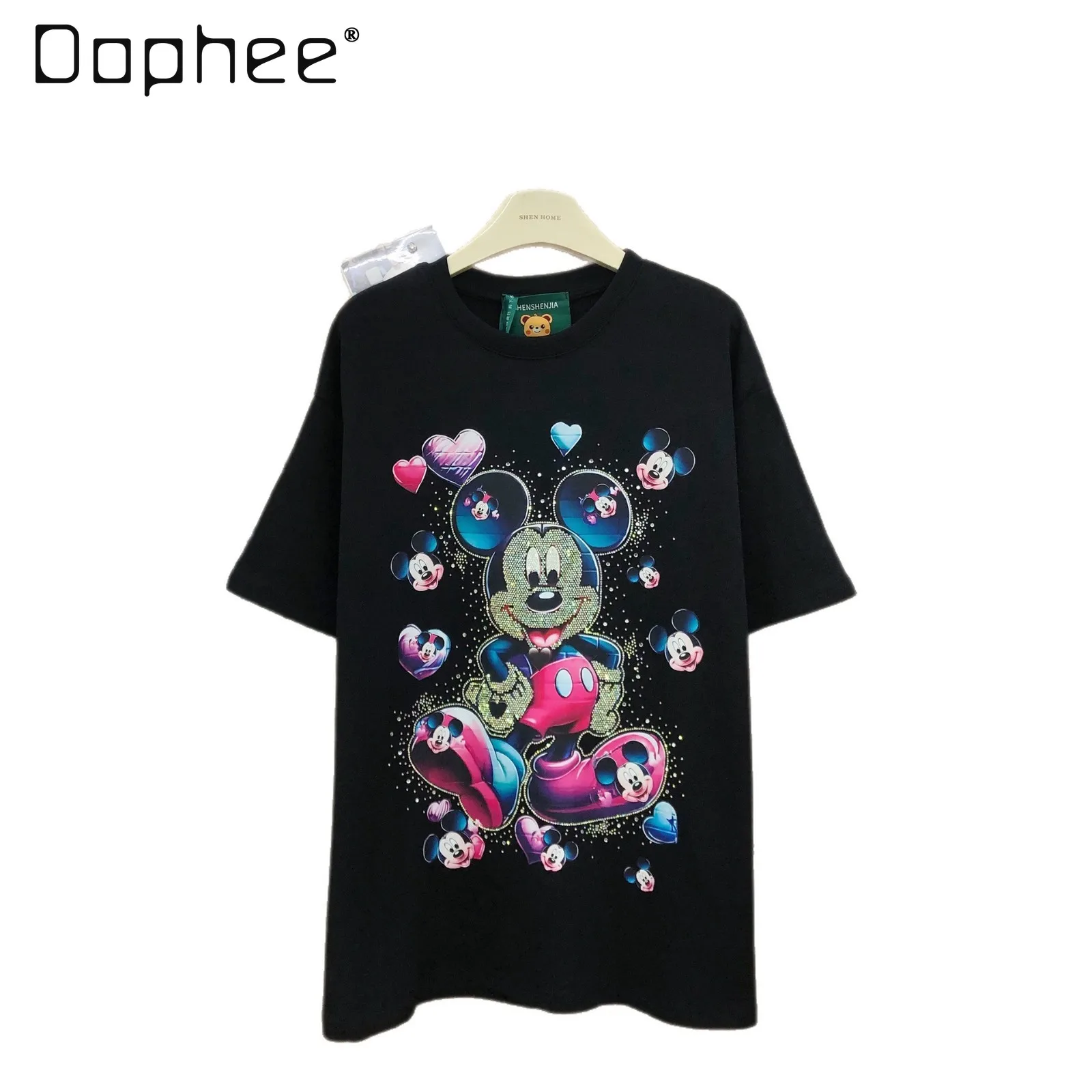 

Новинка 2026: Женская футболка с круглым вырезом, свободного кроя, с мультяшным принтом и стразами, из хлопка, средней длины, с коротким рукавом, весна-лето