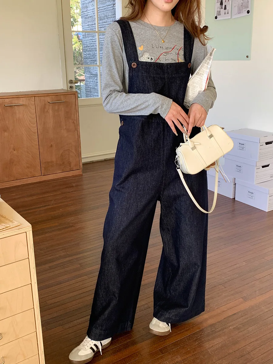 

Новые женские джинсовые комбинезоны прямого кроя с широкими штанинами в стиле ретро, однотонные, для ранней весны