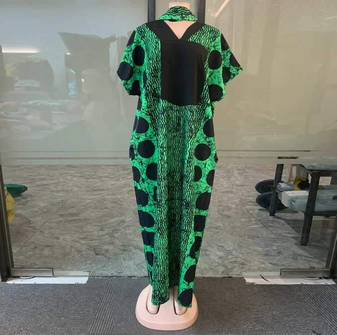 Fashionable Black Patchwork Loose Casual Boubou Women's Plus-Size V-Neck Short-Sleeve Party Holiday Print Dress Summer Slimming with Scarf and Pockets