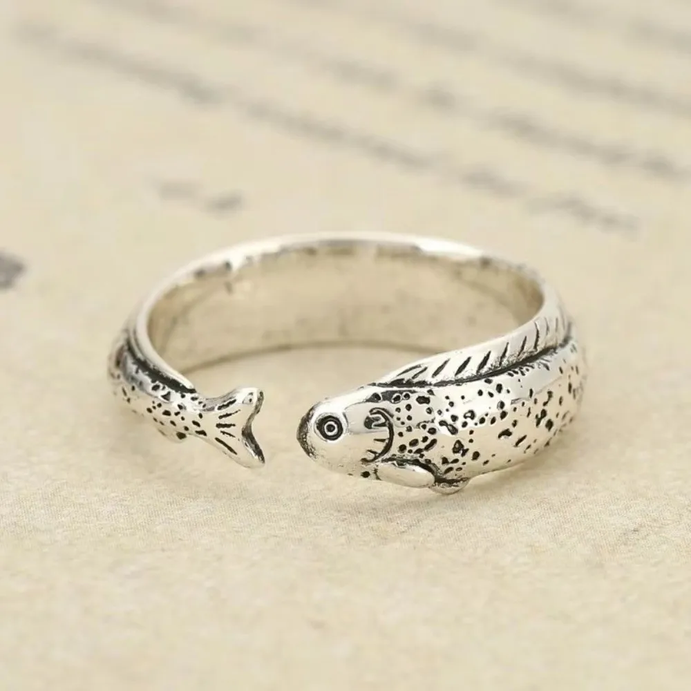 Bohemian Simple Fish Shaped Ring Distressed Gold Vintage Adjustable Ring Alloy Silver Retro Open Ring Unisex
