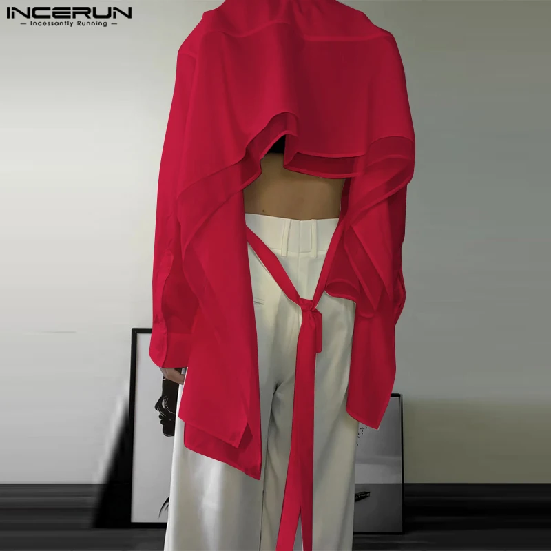 Fashion Casual Style Tops INCERUN Men\'s Sexy Patchwork Backless Shirts Handsome Male Personality Solid Long Sleeved Blouse S-5XL