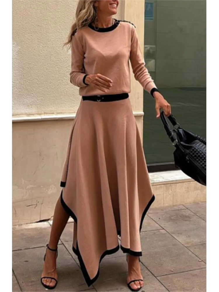 Fashion Elegant Casual 2 Piece Set New Spring And Autumn Long-sleeved Irregular Solid Color Skirt Two-piece Set Women Party Suit