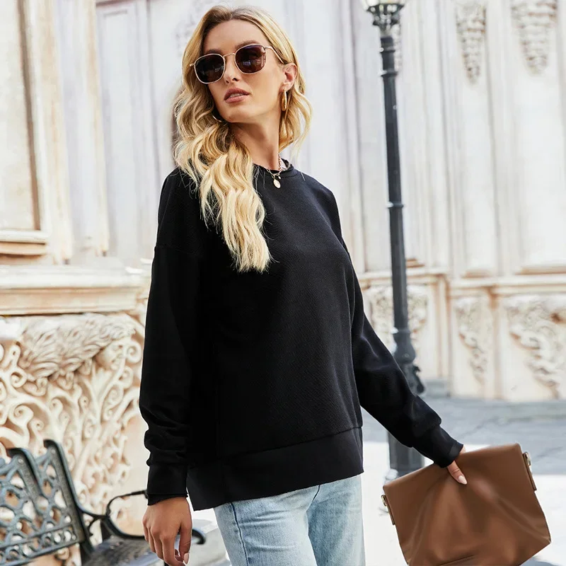 Black O-Neck Pullovers Women Autumn Solid Colors Loose Casual Sweaters All-match Warm Tops Street New Fashion Pullover Sweaters