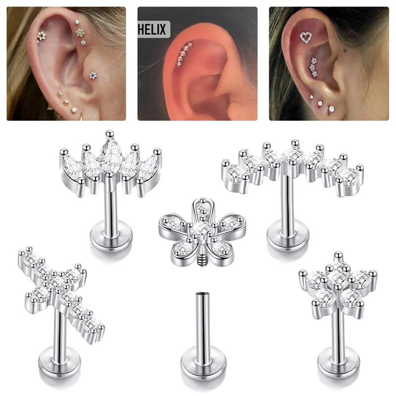 Pendiente de tuerca para Piercing de Tragus de flores, acero quirúrgico roscado interno 316L, Labret Monroe, cartílago de hélice, joyería para la oreja, 1 pieza