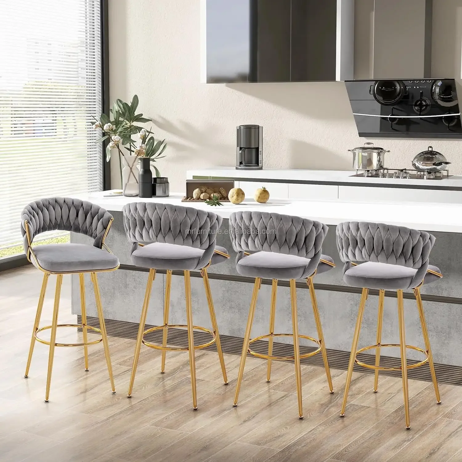 Modern Velvet Bar Stool Bar Height Stools with Woven Backrest & Gold Legs Upholstered Kitchen Stools  Bar Chairs with Footrest