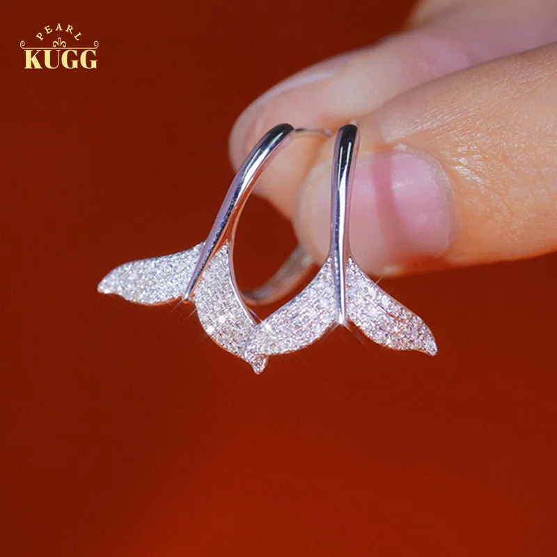 KUGG 18K White Gold Earrings Luxury Elegant Fish Design 0.20carat Real Natural Diamond Hoop Earrings for Women Christmas Gift