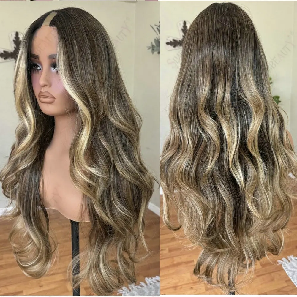 Braunblondes Highlight, klebefreie 1x4-Größe, U-Part-Perücke aus Echthaar, leicht gewellt, vollständig maschinell gefertigt, V-Part-Perücke für Damen, 200 Dichte – Detail 1